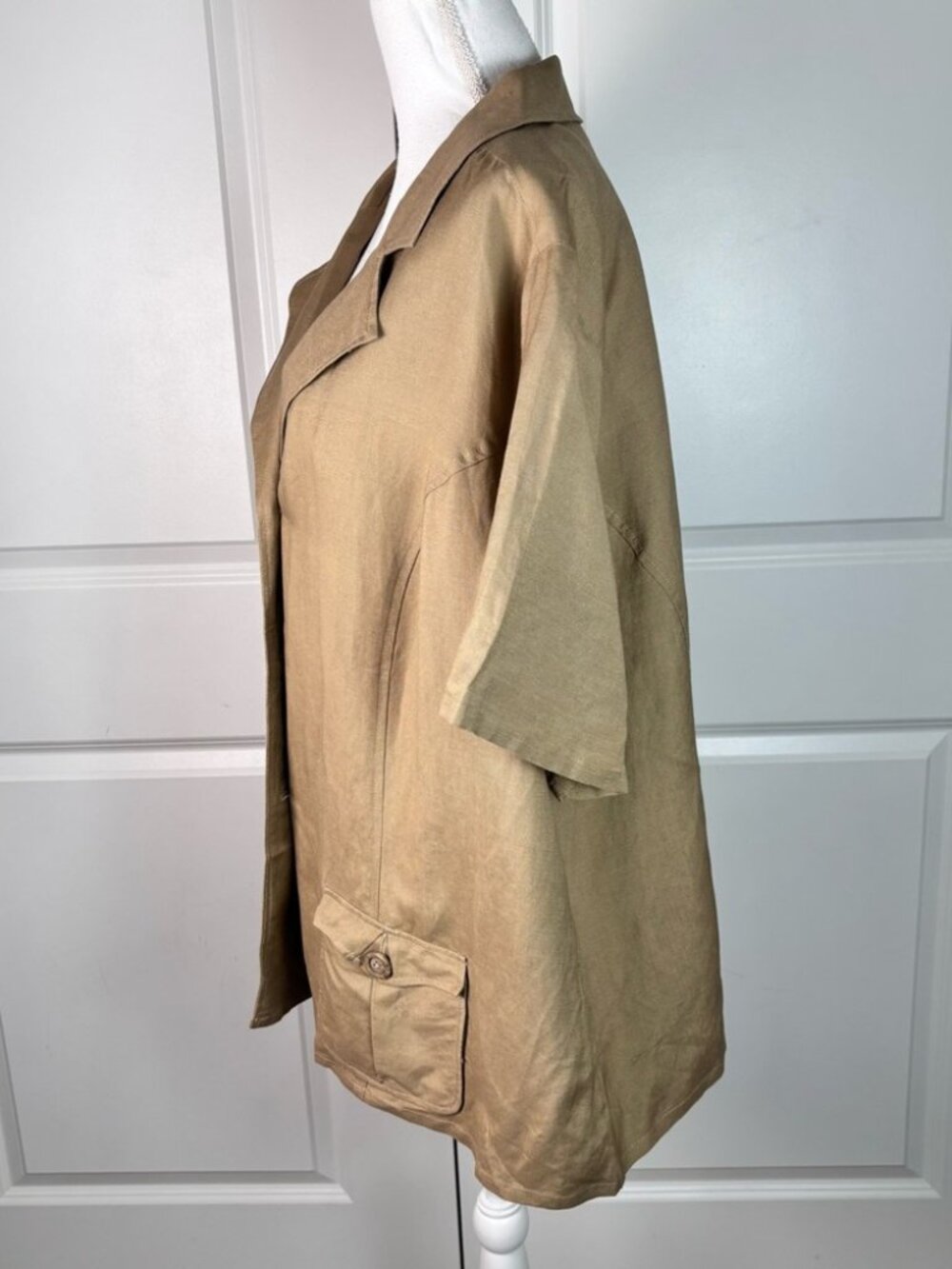 Maggie Barnes 3X Tan Linen Blend Blazer Short Sleeve Leopard Print Lining - Picture 3 of 8